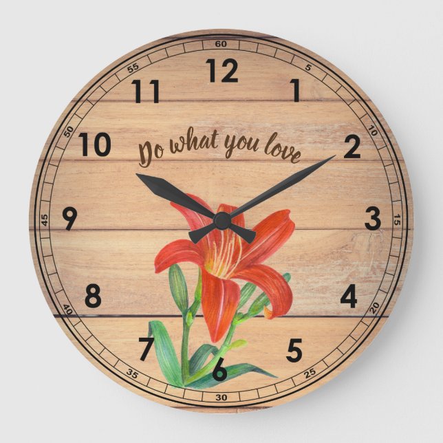 Rustikale Orangefarbene Lily Illustration Große Wanduhr (Vorderseite)