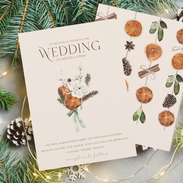 Rustikale Orangenscheiben Weiße Blume Hochzeit Einladung (Winter Orange Slices Dried Citrus Cinnamon Wedding Invitation)