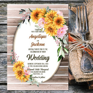 Rustikale Oval Wood Sonnenblume Rosa Rose Hochzeit Einladung
