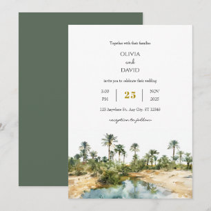 Rustikale Palmen Oase Aquarell Strand Hochzeit Einladung