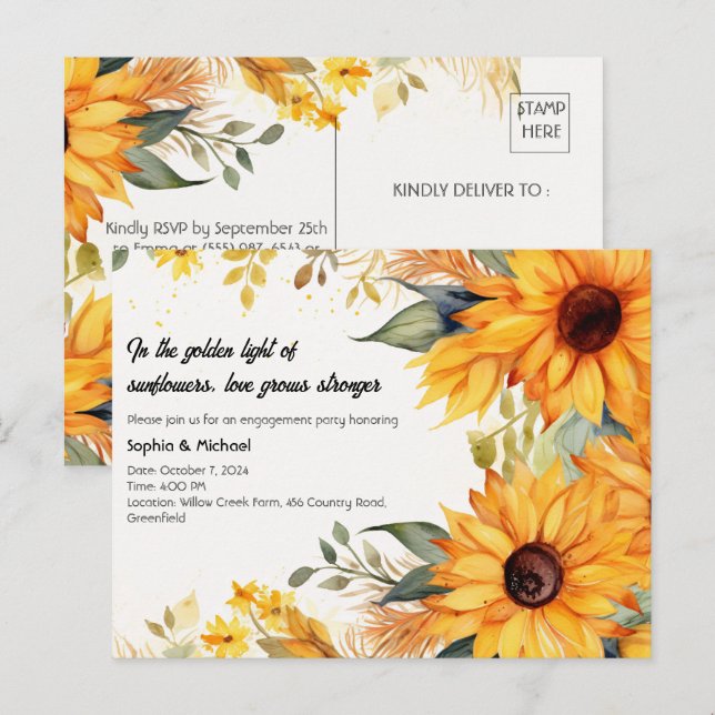 Rustikale Partei für Sonnenblumen Einladungspostkarte (Vorne/Hinten)