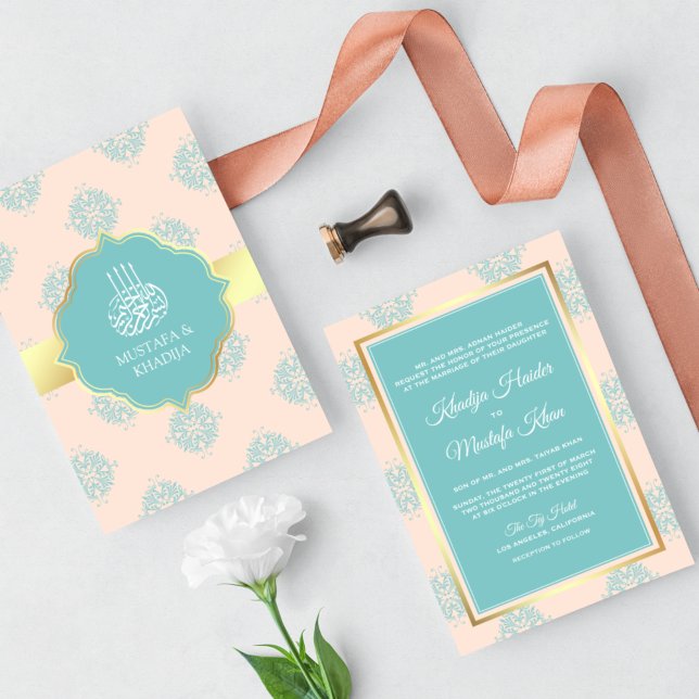 Rustikale Pastel Peach Aquamarin Damask muslimisch Einladung (Von Creator hochgeladen)
