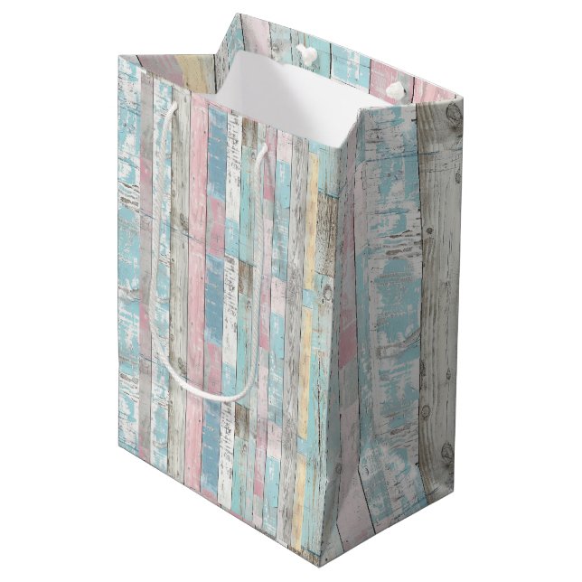 Rustikale Pastell-Holzplatte Mittlere Geschenktüte (Vorderseite Schrägansicht)