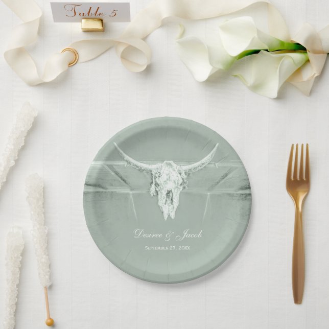 Rustikale Pastell Sage Green White Western Kuh Sku Pappteller (Hochzeit)
