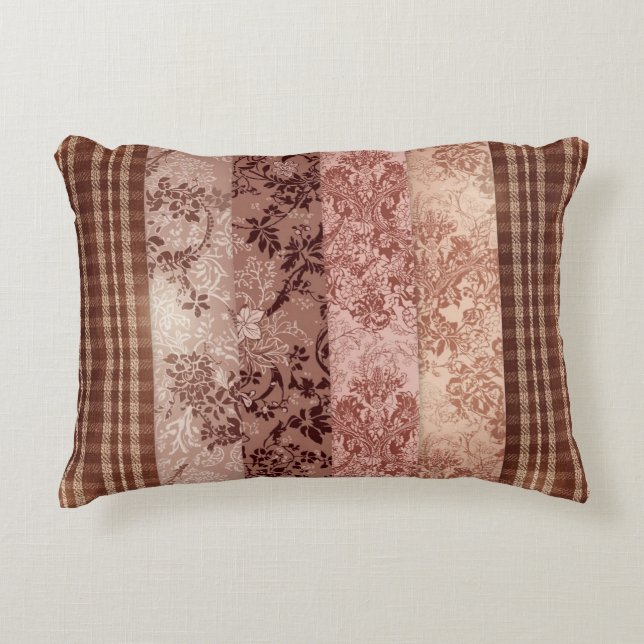 Rustikale Patchwork-Karo- und Blumen-Damaskus-Must Dekokissen (Vorderseite)