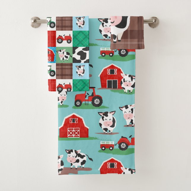 Rustikale Patchwork Kuh Farm Blau und Rot Badhandtuch Set (Insitu)