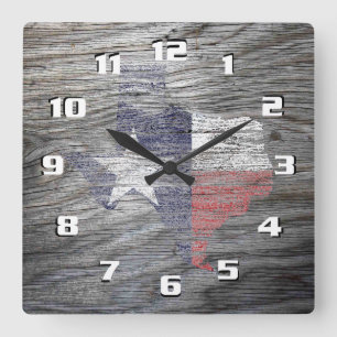 Rustikale patriotische Texasflagge auf Holzoptik Quadratische Wanduhr