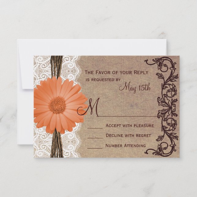 Rustikale Peach Coral Daisy Blume Wedding RSVP Car (Vorderseite)