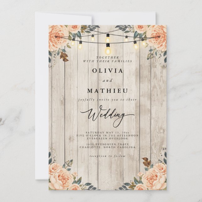 Rustikale Peach floral string Light Wedding Einladung (Vorderseite)