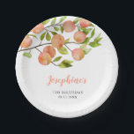 Rustikale Peach Girl Geburtstagsparty Pappteller<br><div class="desc">Rustikale und moderne Geburtstagsparty-Platte mit Aquarellbildern der Gartenfrucht auf einem Baumzweig. Ideal für Ihr Party im Sommer.</div>