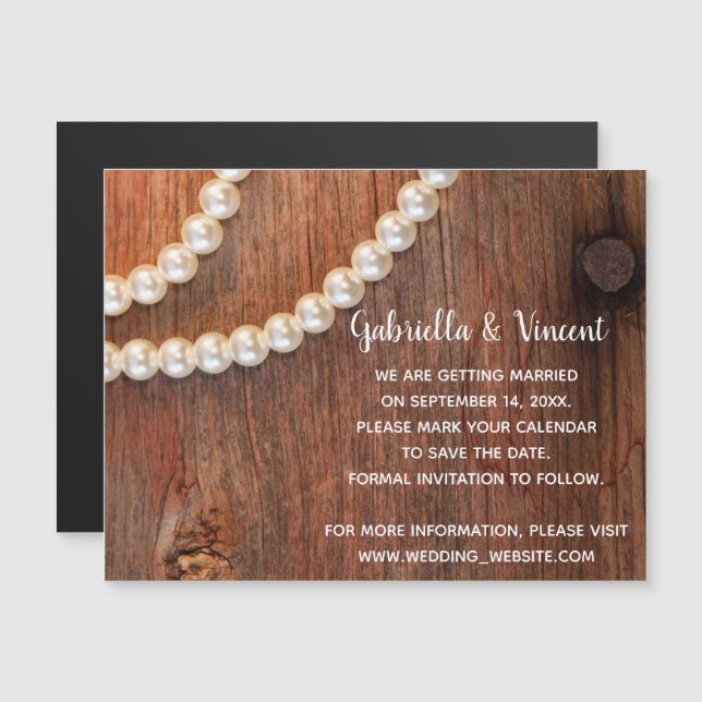 Rustikale Pearls Country-Hochzeit retten Datum Magneteinladung (Vorne/Hinten)