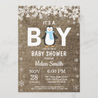 Rustikale Penguin Winter Boy Baby Dusche Einladung