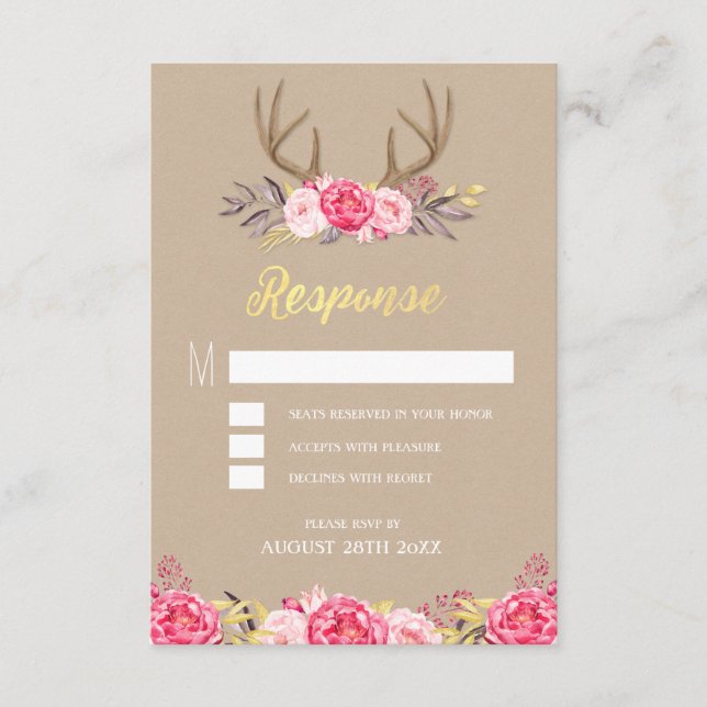 Rustikale Peony and Deer Antler Wedding RSVP Cards (Vorderseite)