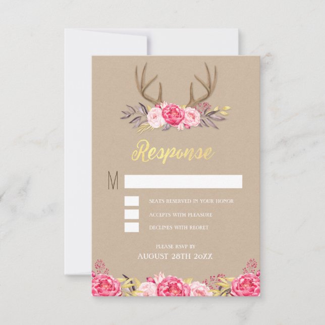 Rustikale Peony and Deer Antler Wedding RSVP Cards Karte (Vorderseite)