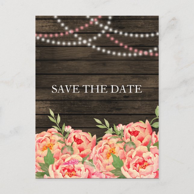 Rustikale Peony Barn Wood Wedding Ankündigungspostkarte (Vorderseite)