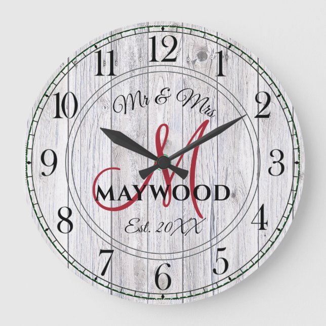 Rustikale Personalisierte Hochzeiten Mit Monogramm Große Wanduhr (Vorderseite)