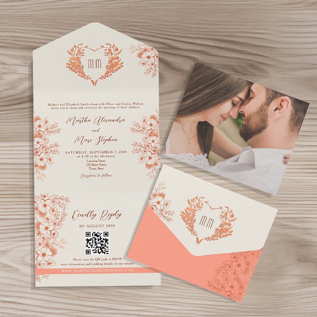 Rustikale Pfirsichbläschen Monogramm Hochzeit All In One Einladung (Von Creator hochgeladen)