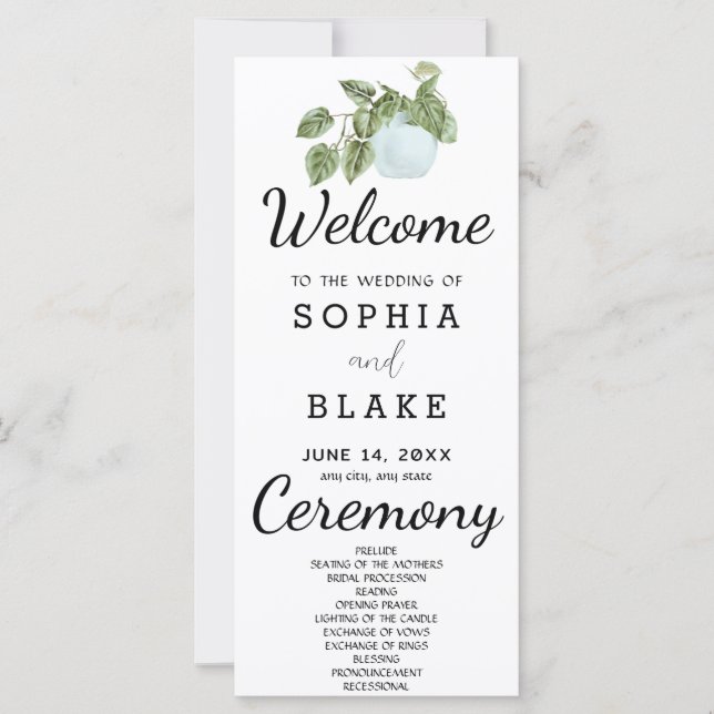 Rustikale Pflanze Blätter Weißes Hochzeitsprogramm (Vorderseite)