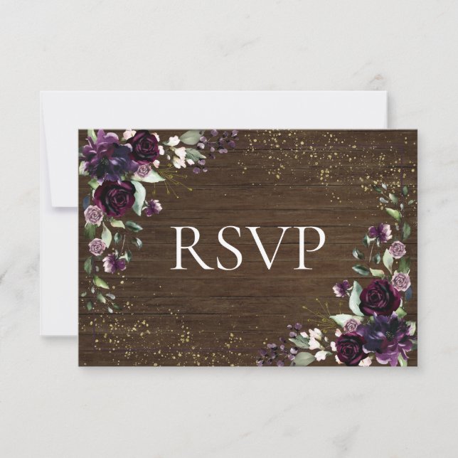 Rustikale Pflaume Lila Gold Wood Hochzeit im Herbs RSVP Karte (Vorderseite)