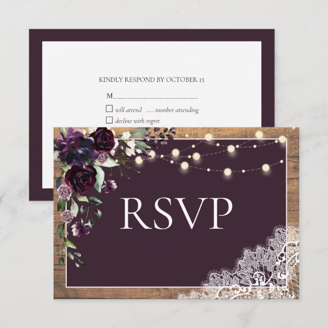 Rustikale Pflaume Lila Spitzen-Holzofen-Hochzeit R RSVP Karte (Vorne/Hinten)