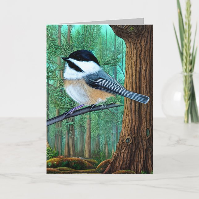Rustikale Pine Chickadee Dankeskarte (Vorderseite)