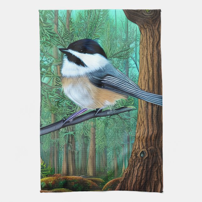 Rustikale Pine Chickadee Geschirrtuch (Vertikal)