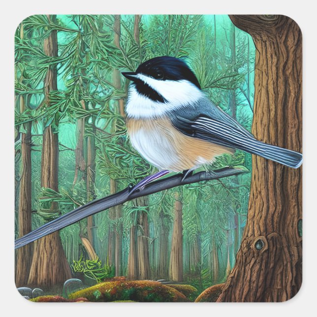 Rustikale Pine Chickadee Quadratischer Aufkleber (Vorderseite)