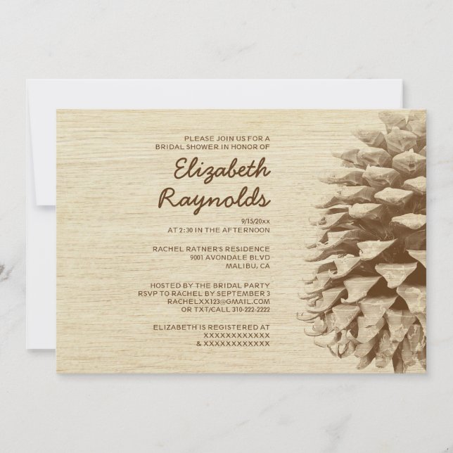 Rustikale Pine Cone Bridal Dusche Einladungen (Vorderseite)