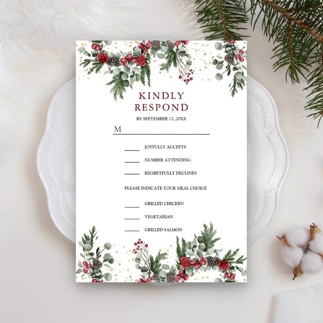 Rustikale Pine Red Floral Weihnachten Hochzeit RSVP Karte (Von Creator hochgeladen)