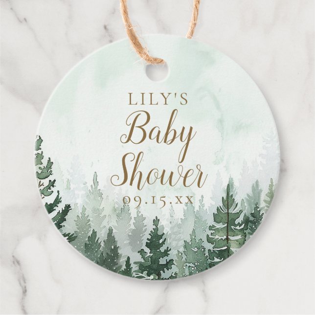 Rustikale Pine Tree Forest Baby Dusche Geschenkanhänger (Vorderseite)