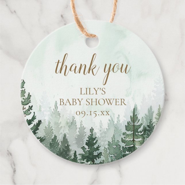 Rustikale Pine Tree Forest Baby Dusche Geschenkanhänger (Vorderseite)
