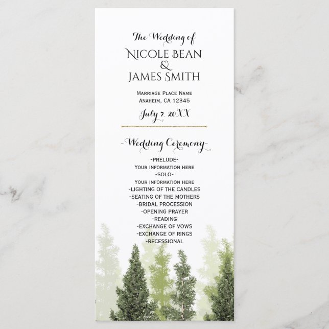 Rustikale Pine Trees Simple Country Wedding Progra Programm (Vorderseite)