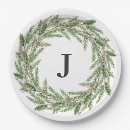 Rustikale Pine Wreath Monogram Holiday Pappteller