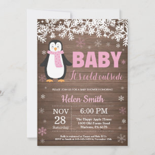 Rustikale Pinguin Winter Girl Babydusche Einladung