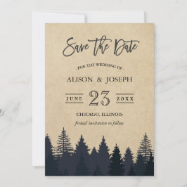 Rustikale Pinienbäume, die Hochzeit, retten das Da Save The Date