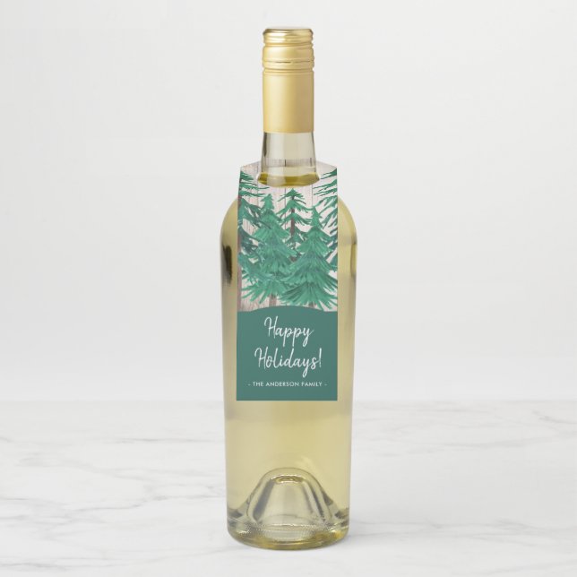 Rustikale Pinienbäume glückliche Ferien Flaschenanhänger (Auf Flasche)