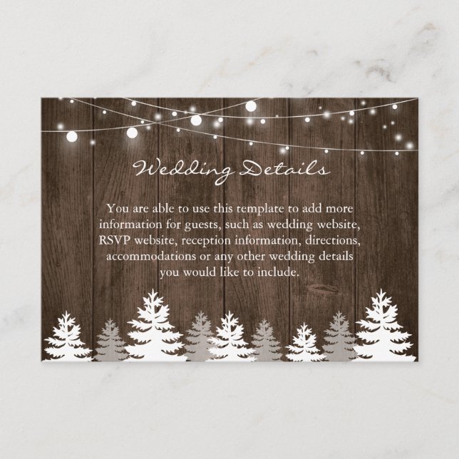 Rustikale Pinienbäume Hochzeitdetails Empfang Begleitkarte (Vorderseite)