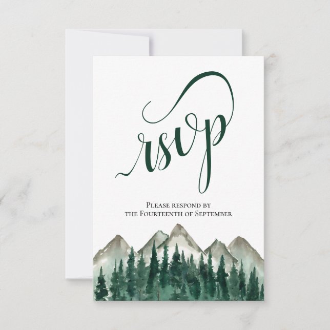 Rustikale Pinienbäume und Berge Hochzeiten RSVP Karte (Vorderseite)