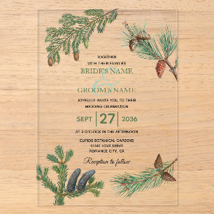 Rustikale Pinienwälder Hochzeit Acryleinladungen