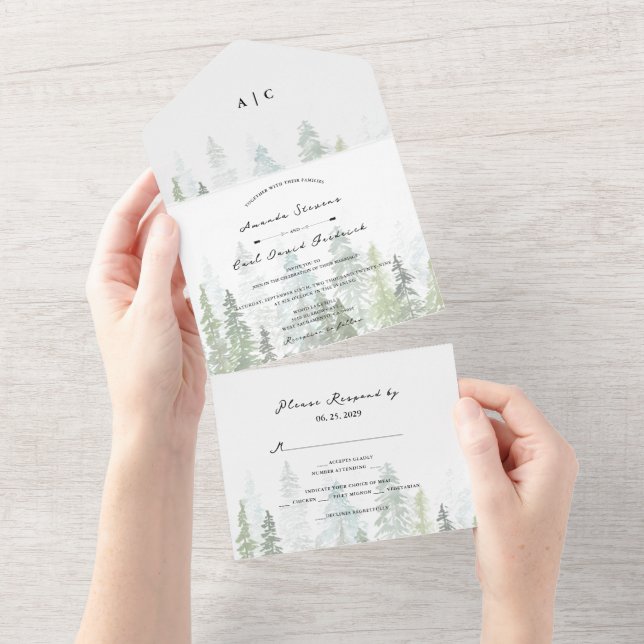 Rustikale Pinienwälder Hochzeit All In One Einladung (Abreißen)