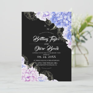 Rustikale Pink & Blaue Hortensien Dunkle Hochzeit Einladung