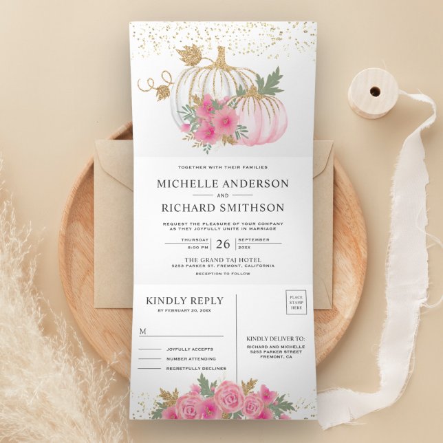 Rustikale Pink-Floral-Weiße Pumpkin-Hochzeit im He Dreifach Gefaltete Einladung (Von Creator hochgeladen)