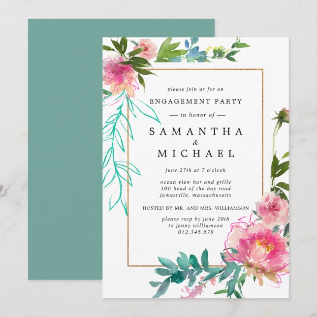Rustikale Pink Peony Floral Engagement Party Einladung (Vorne/Hinten)