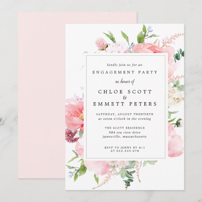 Rustikale Pink Peony Floral Engagement Party Einladung (Vorne/Hinten)