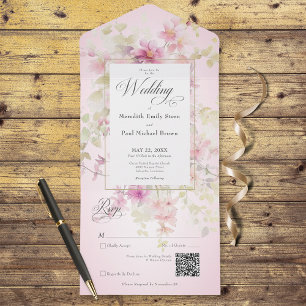 Rustikale Pink & Salbei Wasserfarbe Floral Pink QR All In One Einladung