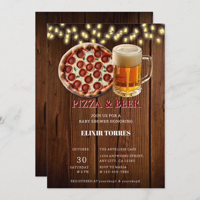 Rustikale Pizza & Beer Baby Dusche Einladung (Vorne/Hinten)