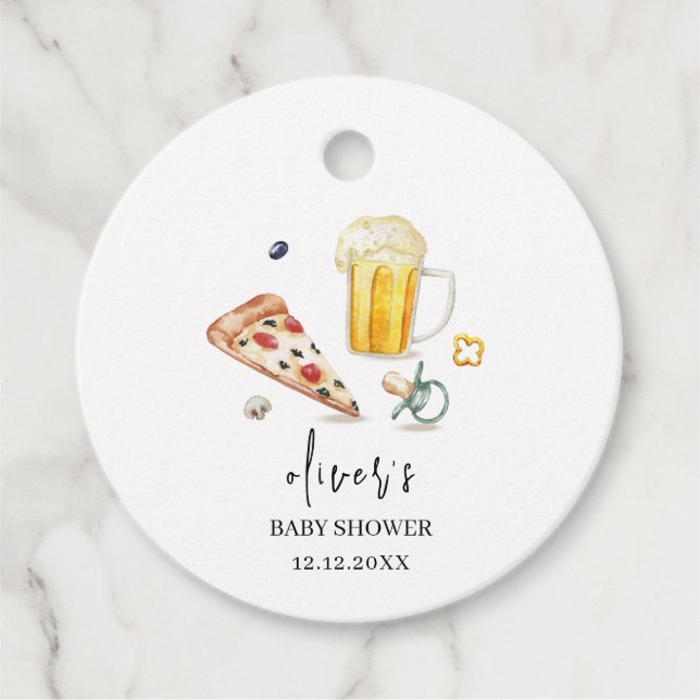 Rustikale Pizza Beers Schnuller Babydusche Geschenkanhänger (Vorderseite)