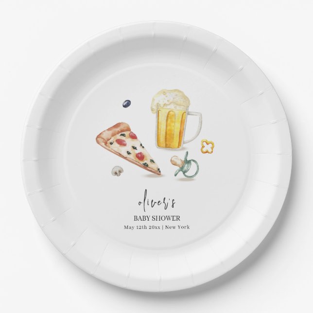 Rustikale Pizza Beers Schnuller Babydusche Pappteller (Vorderseite)