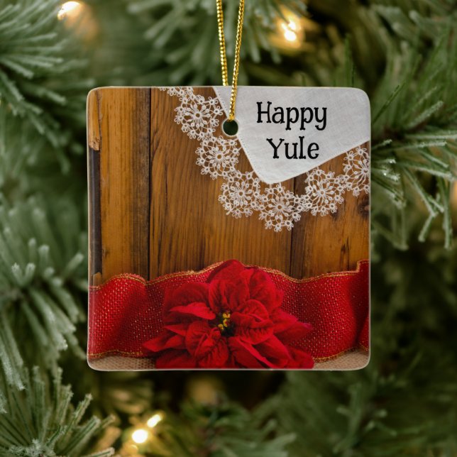 Rustikale Poinsettia Blume und Rotes Weihnachten Keramikornament (Baum)