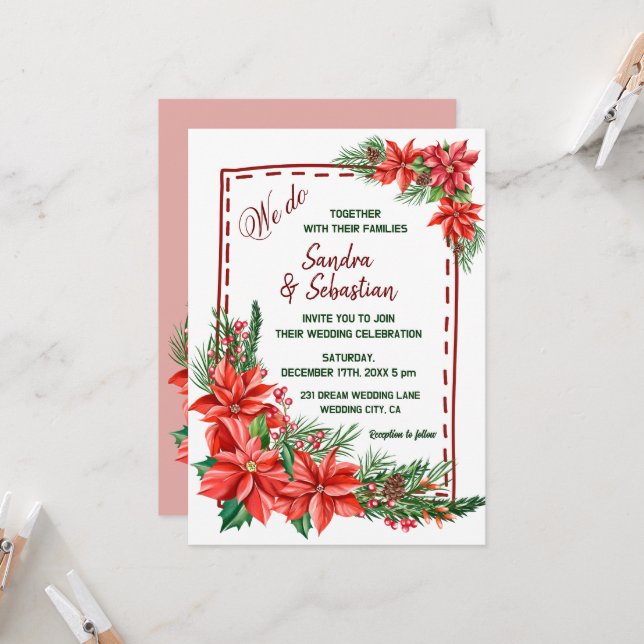 Rustikale Poinsettia Blumenweihnachtszeit Einladung (Vorderseite/Rückseite Beispiel)